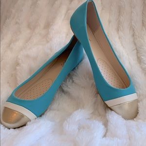 Baby blue and gold flats